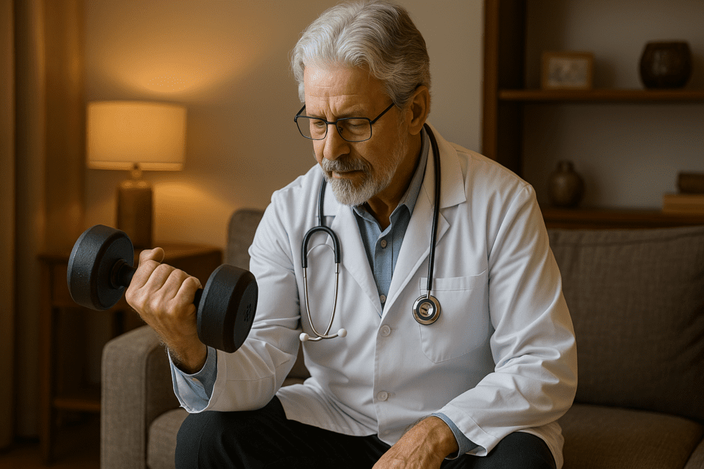 A photograph captures an older male doctor with light skin, silver hair, and a stethoscope around his neck performing a seated dumbbell curl in a warmly lit living room. The cozy indoor setting and ambient lighting highlight the importance of strength training for maintaining physical well-being and heart health at any age.