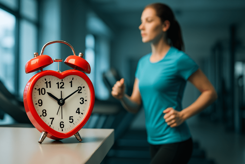 A close-up photograph features a red heart-shaped analog alarm clock on a gym counter in the foreground, with a blurred woman jogging on a treadmill in the background. The cool clinical lighting and fitness setting highlight the symbolic link between time and exercise frequency for optimal heart health and physical well-being.