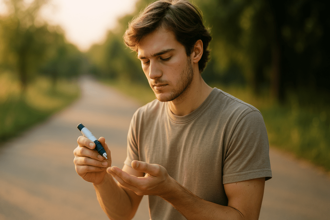A young man in his twenties stands alone on a sunlit park path, focusing intently on using a glucose meter to check his blood sugar levels in soft natural morning light. The serene outdoor environment symbolizes breakthroughs in early-onset diabetes management, with warm tones reflecting a hopeful outlook for young adults managing type 1 and type 2 diabetes.