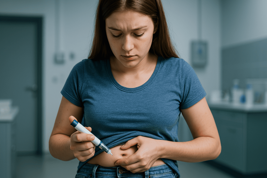 In a brightly lit clinical room, a young woman in a blue t-shirt carefully injects insulin into her abdomen with a modern pen device, highlighting real-world treatment advances for early-onset diabetes. The cool, sterile environment emphasizes the precision and seriousness of diabetes care in young adults, underlining breakthroughs in self-management technology.