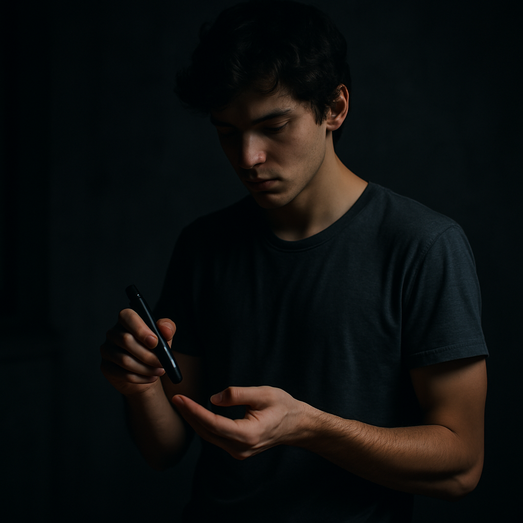 In a moody, shadow-filled room, a young man carefully checks his blood sugar under soft directional light, creating a focused and contemplative mood. The dramatic lighting underscores the seriousness of managing diabetes at night, aligning with new research into improved nighttime glucose monitoring for teens and young adults.