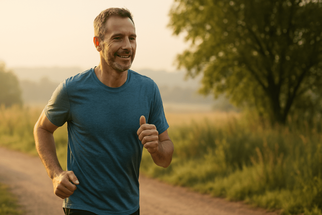 A photograph captures a fit middle-aged Caucasian man jogging on a dirt path through a rural landscape at sunrise. Bathed in soft natural morning light, the warm golden hues enhance the peaceful surroundings of tall grasses and a distant tree, visually emphasizing the heart-health benefits of regular outdoor exercise.
