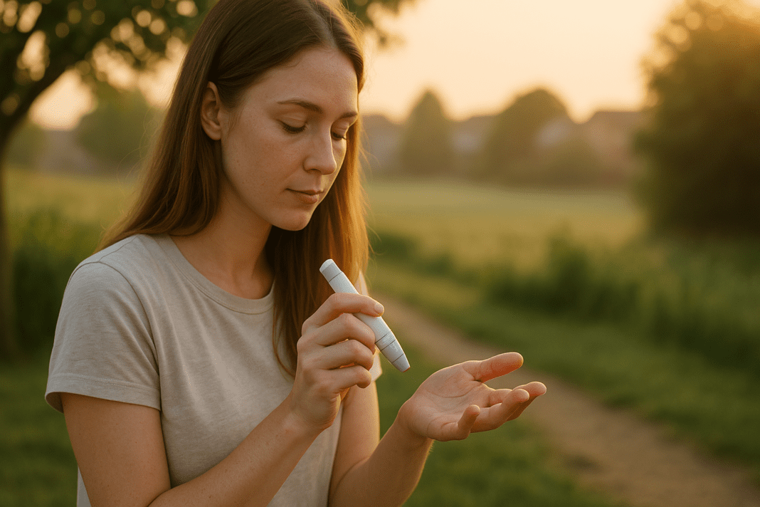 A young woman in a rural outdoor setting uses a blood glucose monitor in the soft morning light, symbolizing early Type 1 diabetes screening. The serene environment and natural light emphasize the calm and proactive approach to health monitoring.