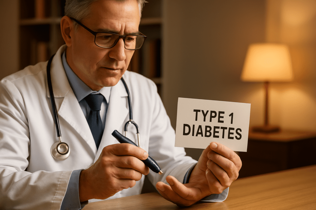 A mature male doctor performs a Type 1 diabetes test under warm ambient lighting in a clinical setting, emphasizing professional care and early diabetes screening. The cozy, wood-toned environment enhances the sense of trust and health awareness.