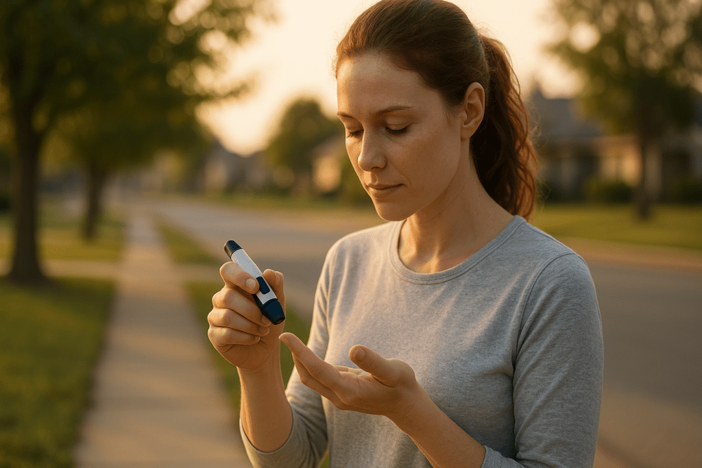 A young woman with light skin and auburn hair sits on a quiet suburban street during the early morning, using a blood glucose meter for a finger-prick test. The soft natural morning light casts a gentle glow on her focused expression, highlighting the theme of early Type 1 diabetes screening in a calm, residential setting.