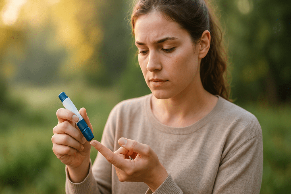 A photograph taken in the early morning features a young woman conducting a blood glucose test using a small portable meter in a quiet outdoor park. The soft natural light enhances the serene mood, emphasizing the role of early screening in Type 1 diabetes prevention.