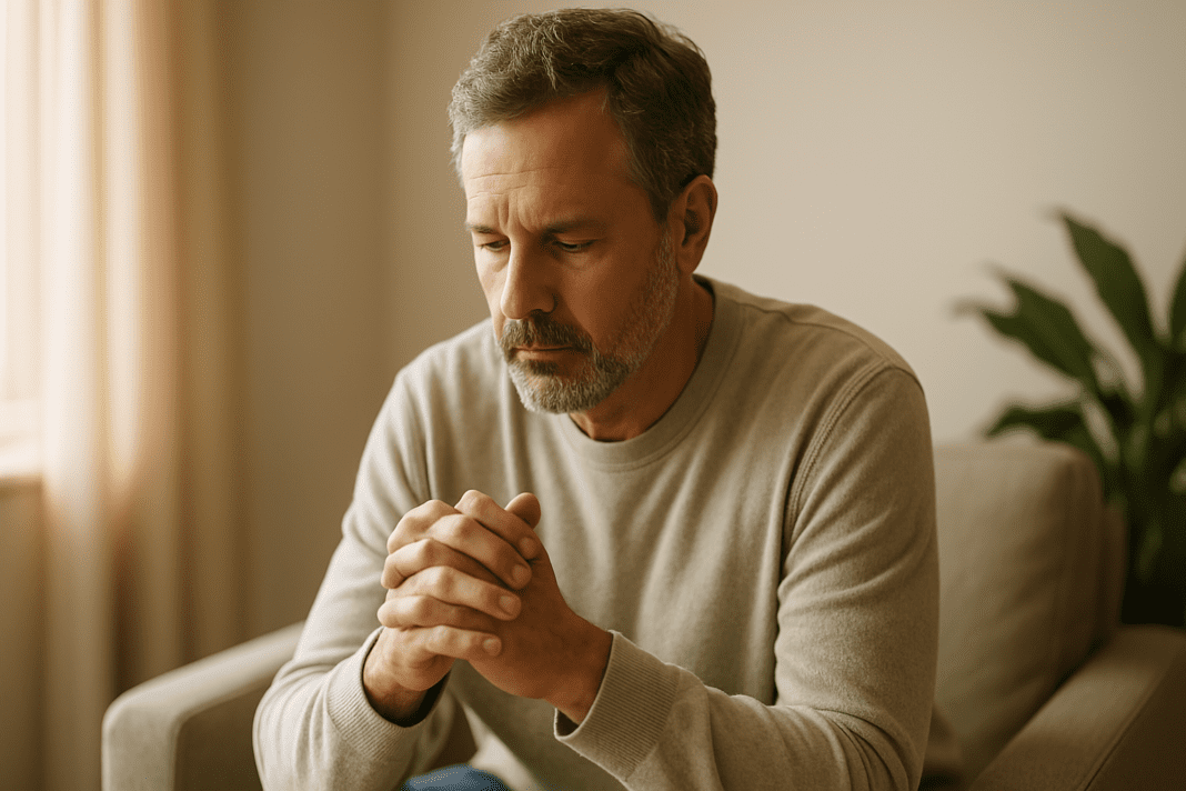 Middle-aged man with light skin sits in a beige armchair near a softly lit window, hands clasped in a thoughtful pose, suggesting personal reflection or a therapy setting.