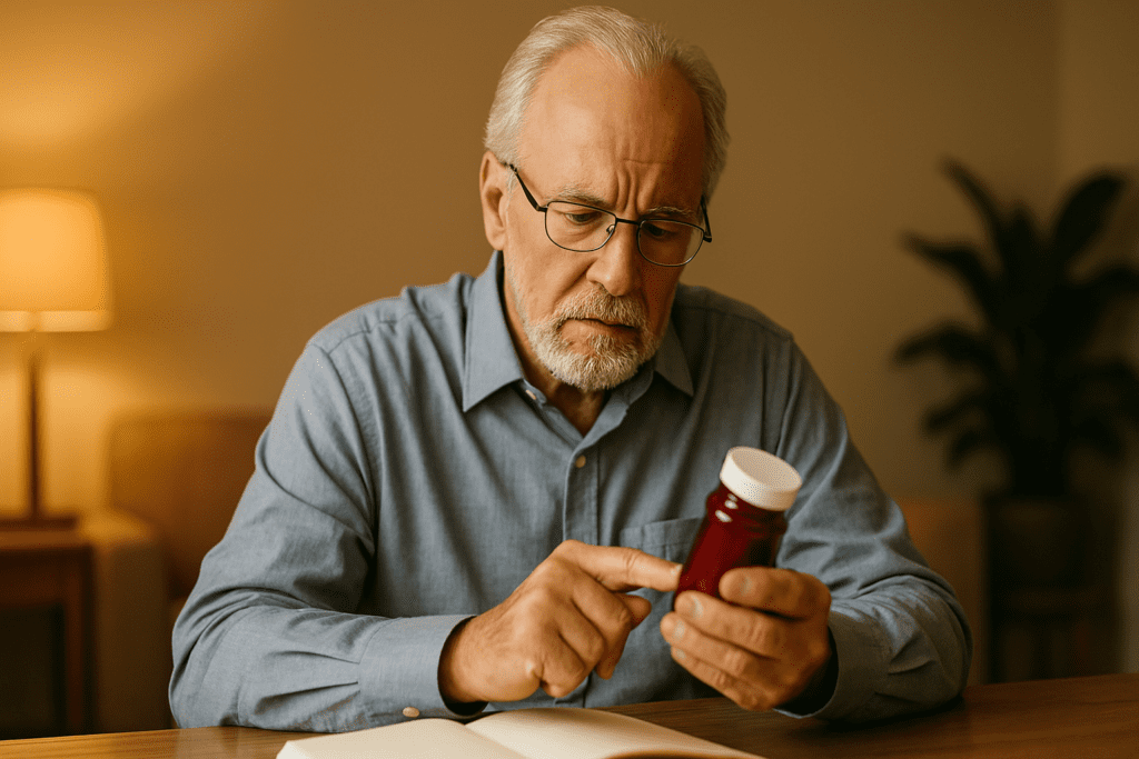 Elderly man wearing glasses examines a red prescription pill bottle at a wooden table under warm lamplight, reflecting on medication management for chronic conditions like diabetes.