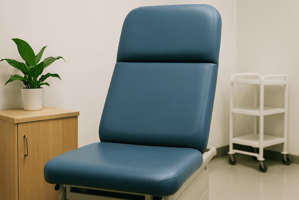 Blue medical examination chair in a clean, minimalist clinic room with a wooden cabinet, green potted plant, and a white mobile supply cart against neutral walls.