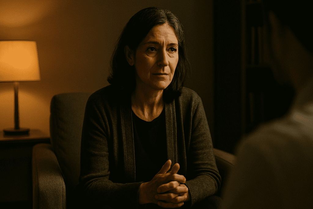 Middle-aged woman with dark hair and a serious expression sits in a softly lit therapy office, clasping her hands while listening attentively during a counseling session.