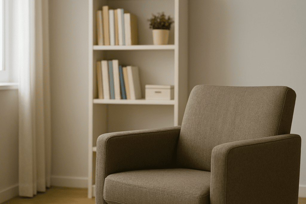 A brown armchair sits in front of a white bookshelf in a minimalist therapy room, bathed in gentle daylight from a nearby window.