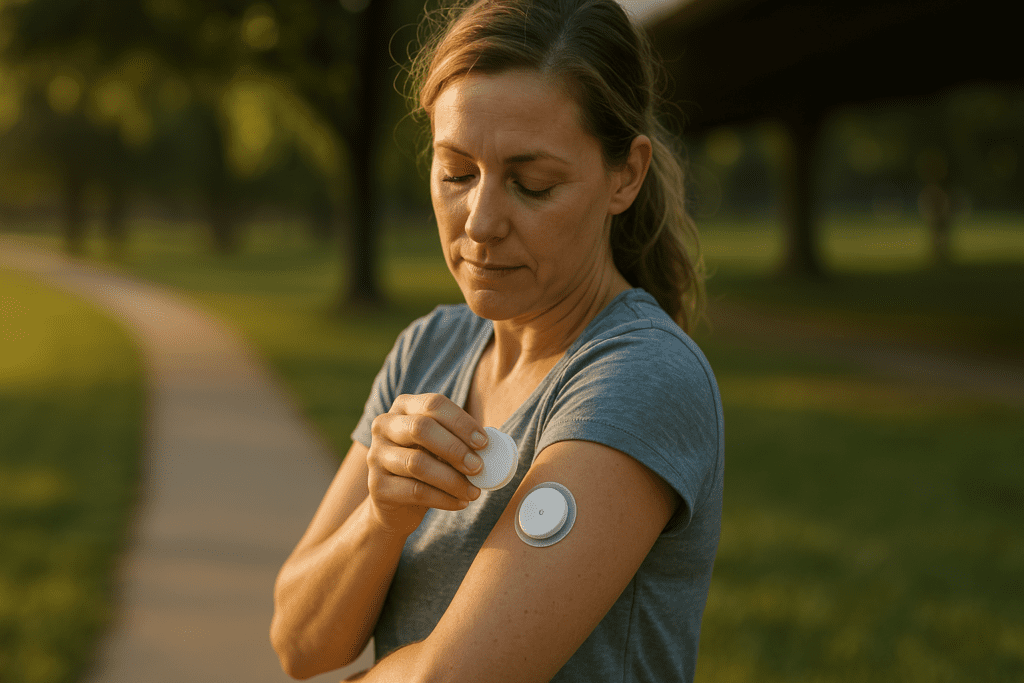 A woman in her late 30s applies a continuous glucose monitor to her upper arm while standing on a park path under soft natural morning light. The scene highlights the growing availability of over-the-counter CGMs and underscores personal glucose monitoring in an outdoor health-conscious setting.
