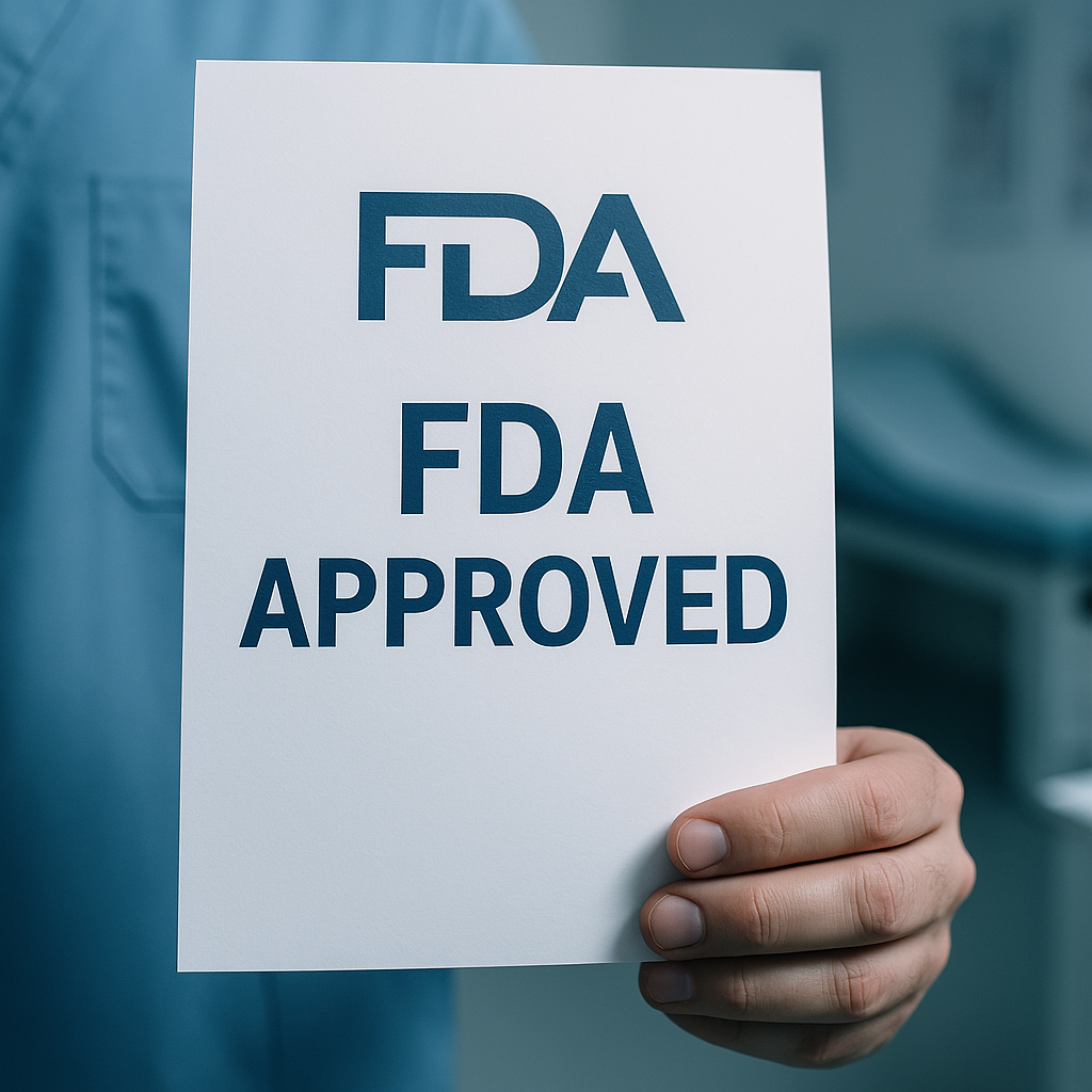 A close-up image shows a hand holding a white sheet of paper displaying the bold text "FDA APPROVED" inside a medical office under cool clinical lighting. This symbolizes regulatory clearance for over-the-counter continuous glucose monitors and highlights FDA involvement in CGM availability.
