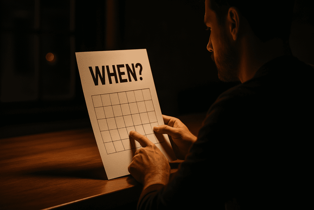 A man sits alone in moody lighting, pointing at a blank calendar marked with the question “WHEN?”, symbolizing public curiosity around the release date of over-the-counter continuous glucose monitors. The dramatic shadows and nighttime setting evoke anticipation and reflection on future CGM availability.