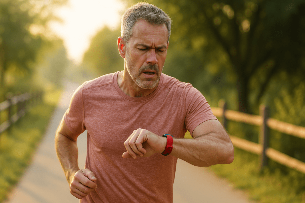 A fit, middle-aged man with graying hair jogs outside in soft morning light, checking his heart rate on a smartwatch while surrounded by sunlit trees and a quiet rural path. The scene conveys the theme of high running heart rate in your 40s, with a warm and reflective atmosphere emphasizing cardiovascular health awareness.