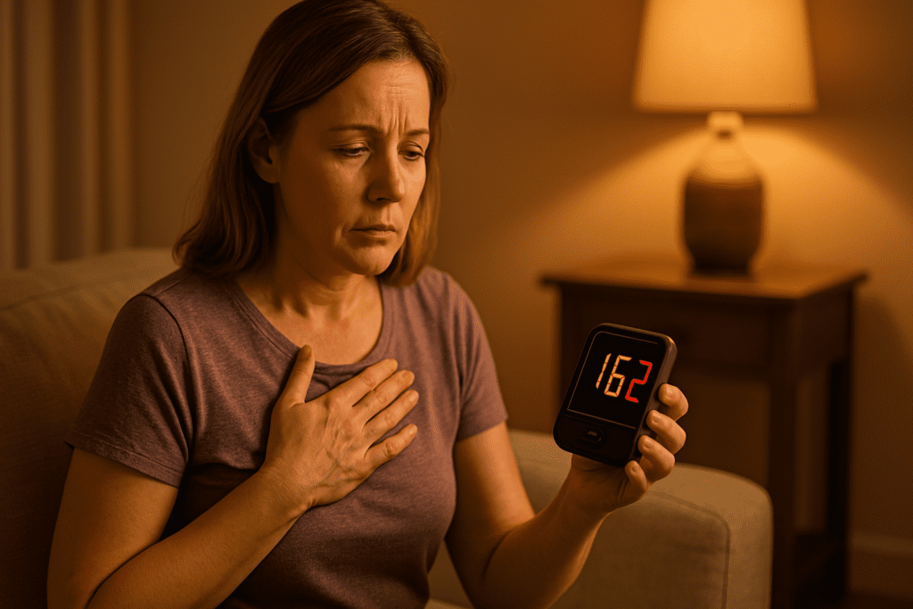 A middle-aged woman sits on a beige couch in a warmly lit living room, holding a digital blood pressure monitor displaying a reading of 162 and looking concerned. The ambient indoor lighting and soft tones emphasize the seriousness of elevated heart rate in your 40s and its potential health risks.