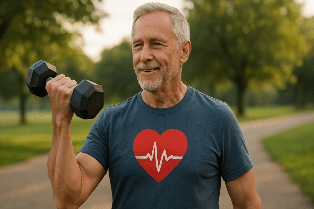 A photorealistic image of a fit older Caucasian man in his 60s performing beginner strength training outdoors with dumbbells in a serene park during the morning. The soft natural light enhances the peaceful ambiance, emphasizing heart-healthy fitness in a calm, natural setting.