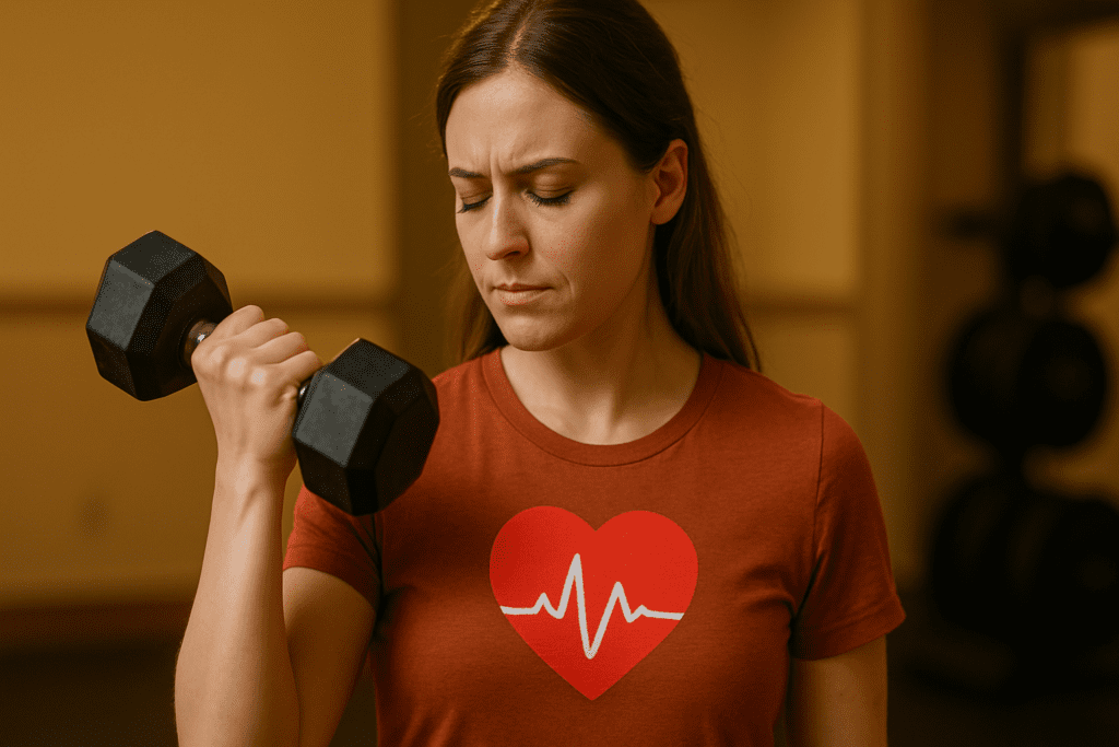 A photorealistic image of a young Caucasian woman performing a strength training bicep curl in a modern gym under warm ambient lighting. Her focused expression and heart-themed shirt underscore the theme of beginner weight lifting for cardiovascular health.