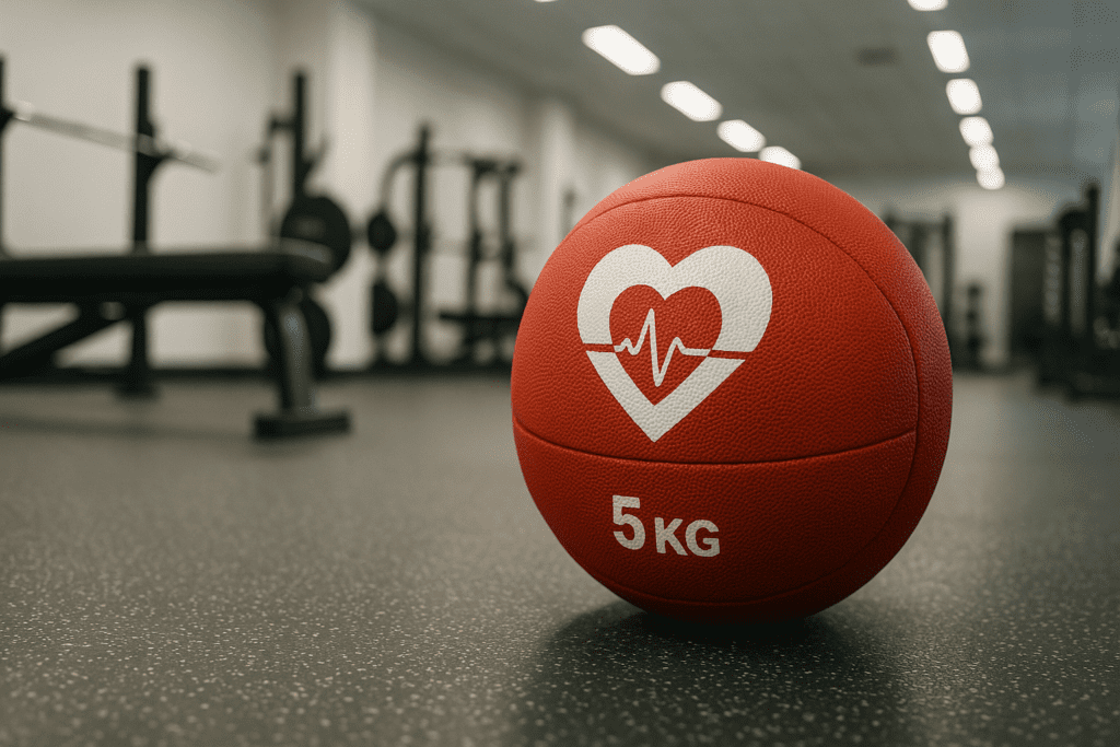 A photorealistic image of a red 5kg medicine ball with a heart and ECG design placed on a gym floor under cool clinical lighting. The modern fitness environment in the background supports the theme of symbolic strength training equipment for heart health.