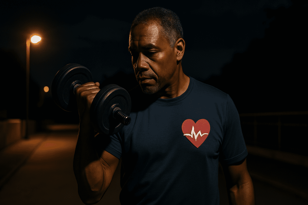 A photorealistic image of a middle-aged African American man lifting a dumbbell at night in a quiet urban setting, illuminated by moody streetlamp lighting. The shadows and red heart design on his shirt emphasize the dramatic tone of strength training for cardiovascular health.