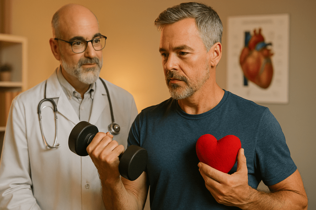 A middle-aged man with salt-and-pepper hair and a beard lifts a dumbbell in one hand and holds a red heart model in the other, while a doctor in a white coat observes supportively in a warmly lit clinical environment. This image illustrates heart health through strength-building exercises guided by medical professionals, emphasizing the connection between cardiovascular care and doctor-recommended fitness routines.