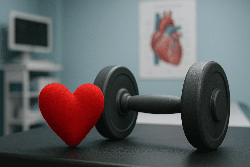 A red heart-shaped dumbbell lies on a black rubber gym mat in a clinical environment, with an anatomical heart diagram and medical cart blurred in the background under cool, clinical lighting. This symbolic image highlights the intersection of heart health and strength training, emphasizing cardiovascular fitness through visual metaphors in a medical setting.