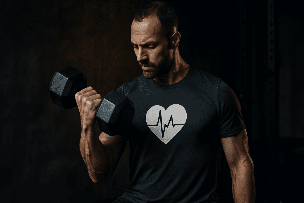 A muscular man in a dark gym lifts a dumbbell with intense focus, his charcoal shirt bearing a white heart emblem that stands out against the moody, shadow-filled background. This dramatic lighting highlights the connection between strength training and cardiovascular health, underscoring the power of disciplined fitness routines for heart wellness.