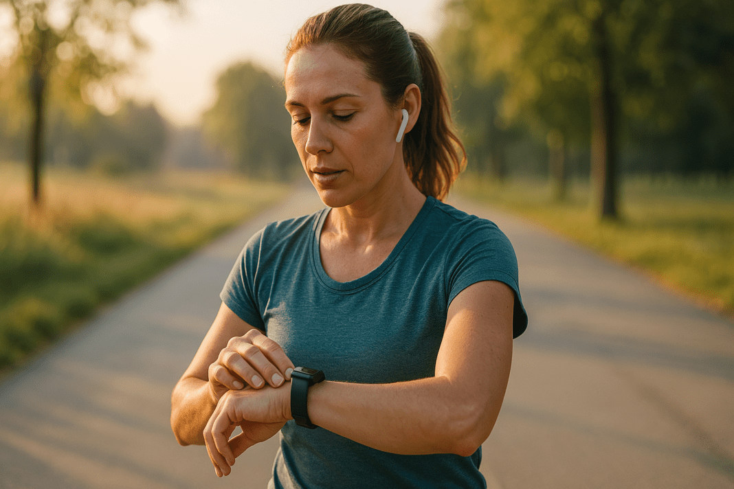 A fit woman in her 30s jogs outdoors along a paved trail, checking her smartwatch for heart rate metrics. The soft natural morning light casts a golden glow over the trees and grass, emphasizing the theme of using max heart rate calculations for safe cardiovascular training in a peaceful outdoor setting.