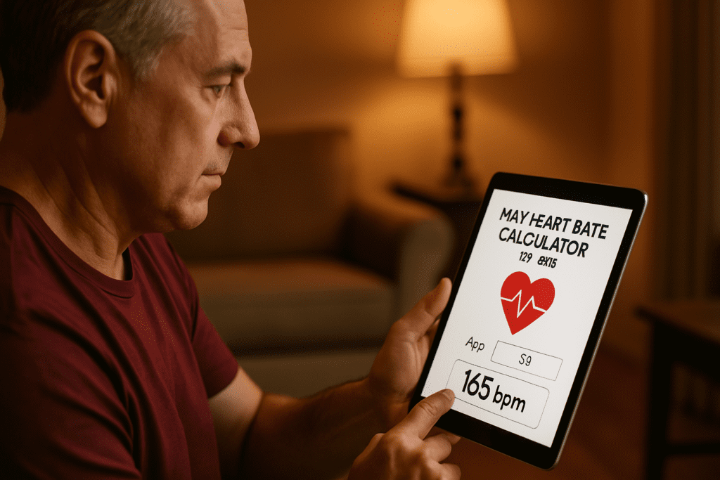 A middle-aged man sits comfortably in a warmly lit living room, using a tablet to calculate his max heart rate by age. The ambient indoor lighting and modern setting reinforce the theme of safe, home-based cardiovascular training through technology.