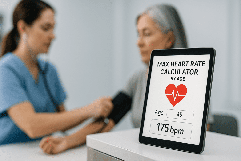 A Max Heart Rate Calculator sits prominently on a clean white medical counter, displaying heart rate data for a 45-year-old in a brightly lit clinical setting. The cool-toned lighting and visible nurse in the background create a clinical atmosphere that highlights the role of heart rate tracking in safe cardiovascular training.