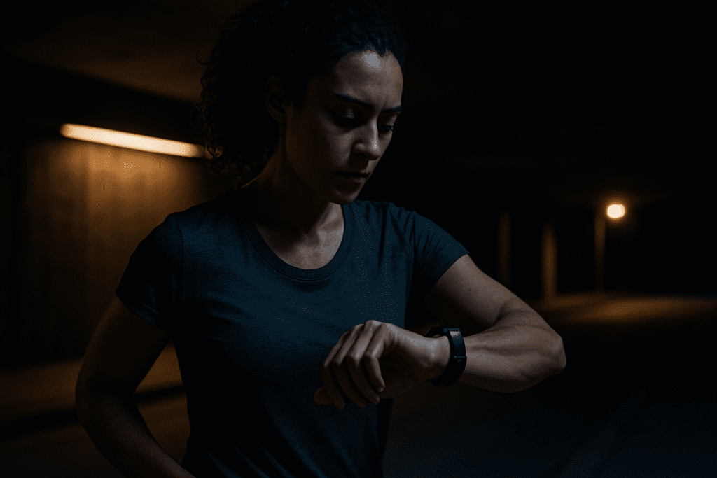 A fit young woman jogs through a dimly lit urban underpass at night, checking her smartwatch as warm streetlight casts dramatic shadows around her. The moody atmosphere highlights the importance of monitoring maximum heart rate during nighttime cardiovascular training.