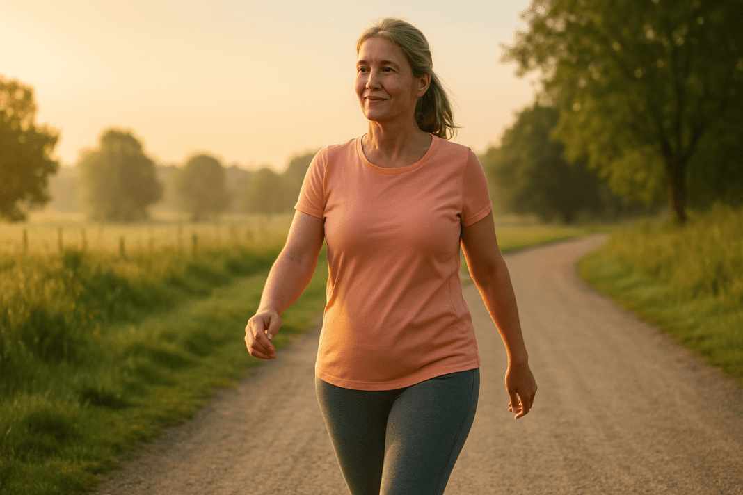 A middle-aged woman with light skin and light brown hair walks calmly on a gravel path in a rural setting during soft natural morning light, wearing athletic clothes. The peaceful scene highlights how walking outdoors supports heart health in a serene environment.