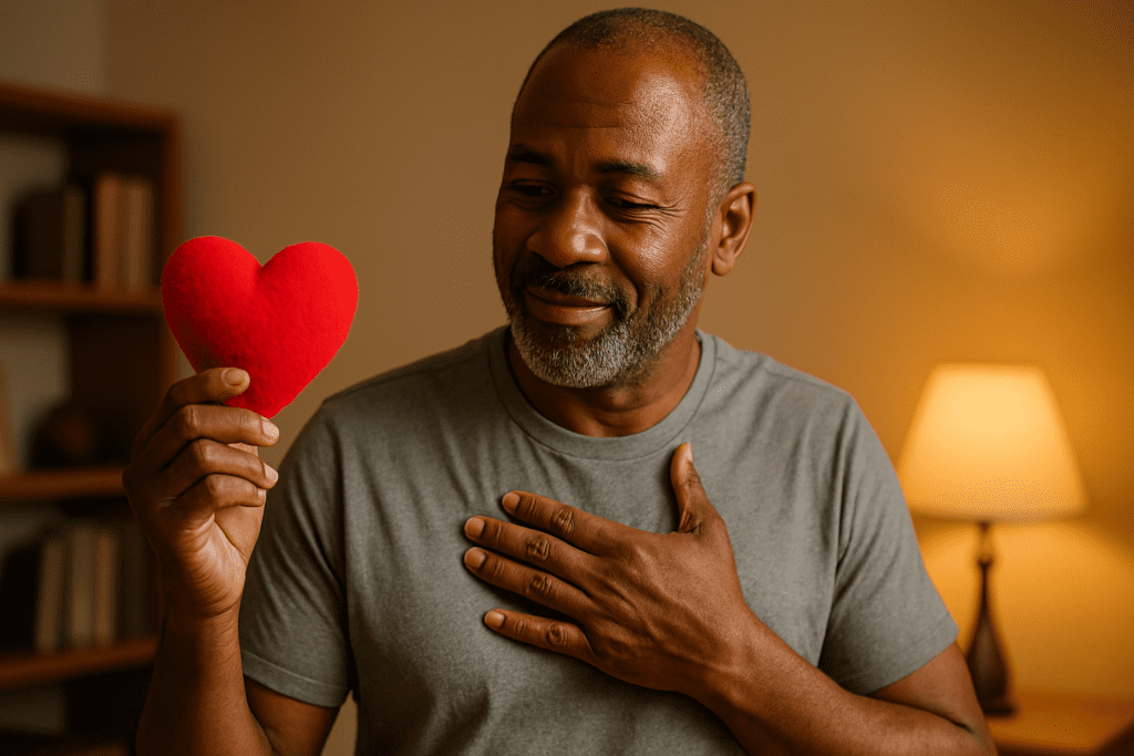 A middle-aged African-American man stands indoors under warm ambient lighting, gently holding a symbolic red heart against his chest. The cozy, softly lit environment reflects a thoughtful mood, emphasizing the connection between heart health and emotional well-being.