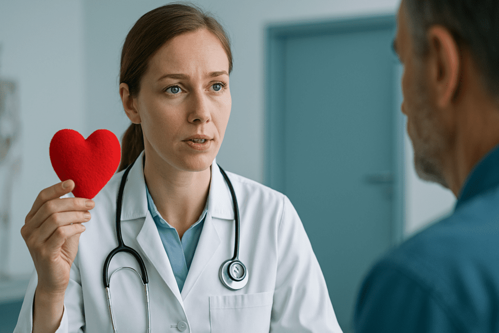 A female doctor in a white coat holds a symbolic red heart in a clinical room with cool lighting and neutral tones. Her calm, attentive posture reflects the scientific link between walking and heart health, reinforcing expert insight into cardiovascular care.