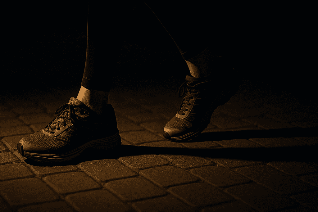 A dramatic nighttime scene highlights a pair of athletic walking shoes on a brick path, lit by moody lighting with deep shadows and a golden glow. The image symbolizes the powerful link between walking and cardiovascular health through a visually striking, heart-focused composition.