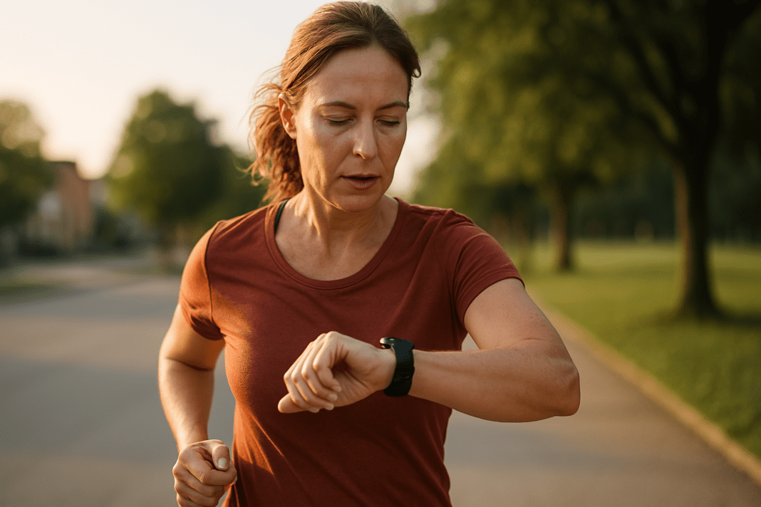 A fit, middle-aged woman with light skin jogs along a quiet suburban park path in the early morning, checking her fitness tracker mid-run. The soft natural morning light filters through surrounding trees, creating a calm, photorealistic scene that highlights the concept of monitoring heart rate during exercise for age-appropriate target BPM zones.