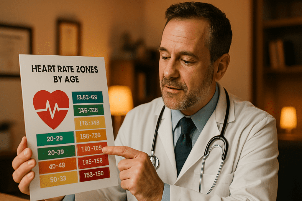 A middle-aged male doctor in a white lab coat sits in a warmly lit medical office, intently reviewing a heart rate zone chart tailored by age. The clean, professional setting and ambient indoor lighting underscore the importance of doctor-recommended heart rate guidelines for safe and effective workouts.
