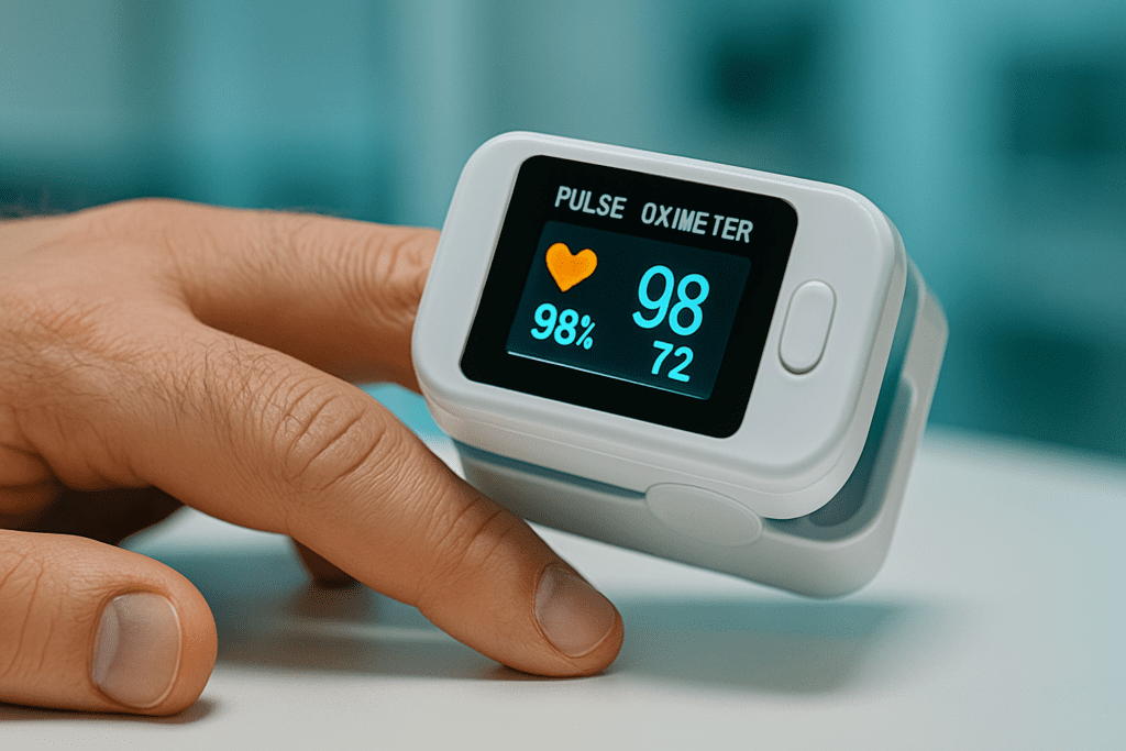 A digital pulse oximeter clipped onto a person’s left index finger displays heart rate and oxygen saturation on a blue screen in a cool clinical environment. The close-up composition and crisp lighting emphasize accurate heart rate monitoring as part of safe, doctor-recommended workout practices.