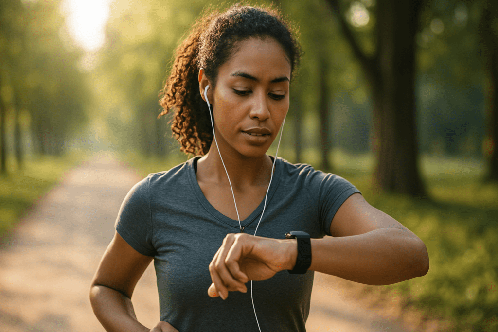 A young African American woman jogs along a dirt trail surrounded by tall trees in soft natural morning light, checking her fitness tracker mid-run. The serene outdoor setting and her focused expression visually represent the importance of monitoring heart rate zones during cardio workouts.