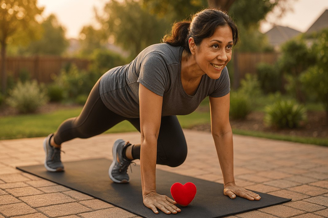 A fit, middle-aged woman in athletic attire performs a full-body mountain climber exercise on a brick patio at sunrise, emphasizing a heart-healthy fitness routine at home. Soft natural morning light highlights her form and the serene outdoor greenery, creating a motivating mood for cardiovascular wellness.