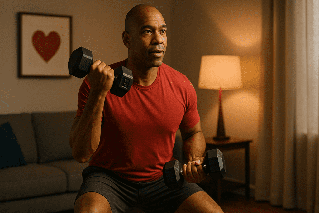 A strong, middle-aged man in a red athletic shirt performs a standing dumbbell bicep curl in a warmly lit living room, emphasizing heart-healthy fitness at home. His focused expression and muscular form convey strength and commitment to cardiovascular wellness in a comfortable home environment.