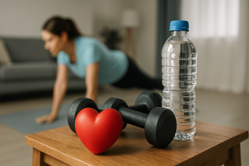 A red heart-shaped object, black dumbbells, and a clear water bottle sit on a wooden table in a home gym, with a woman planking in the softly lit background. The cool clinical lighting and symbolic setup highlight heart-healthy fitness routines and hydration as essential elements of cardiovascular wellness.