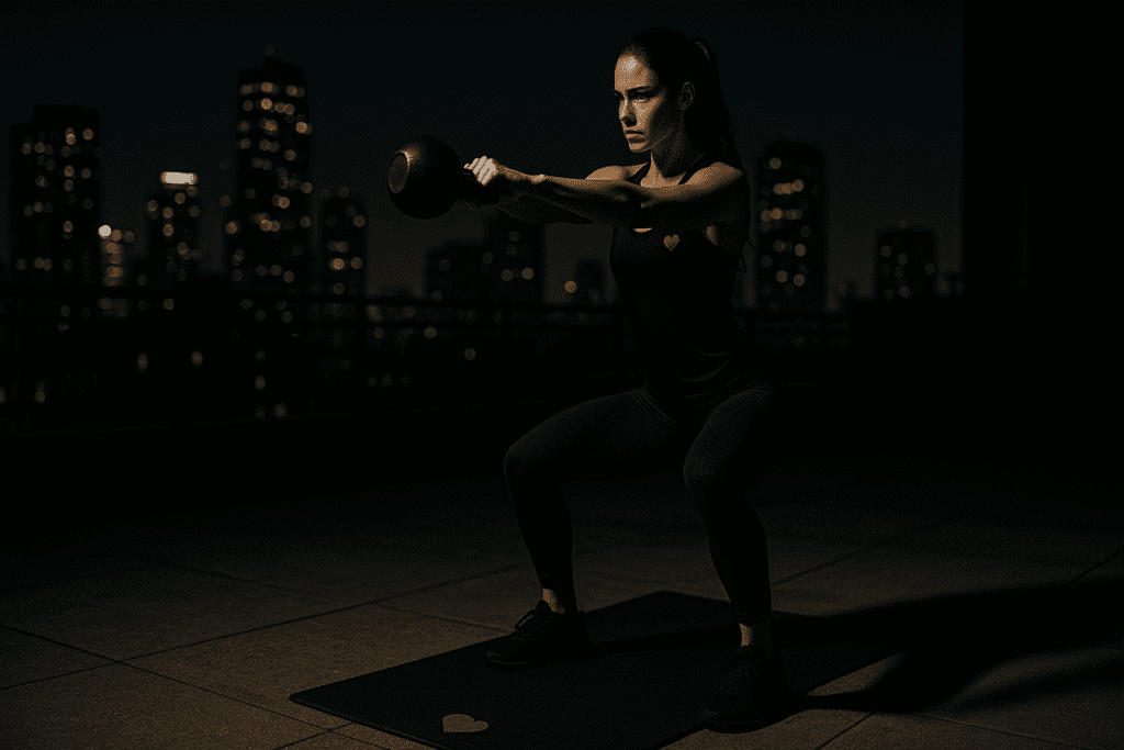 A young athletic woman performs a kettlebell swing on a rooftop at night, framed by dramatic shadows and warm city lights. The urban skyline in the background and the intense lighting create a powerful visual that emphasizes heart-healthy full-body workouts and cardiovascular wellness in a high-energy setting.