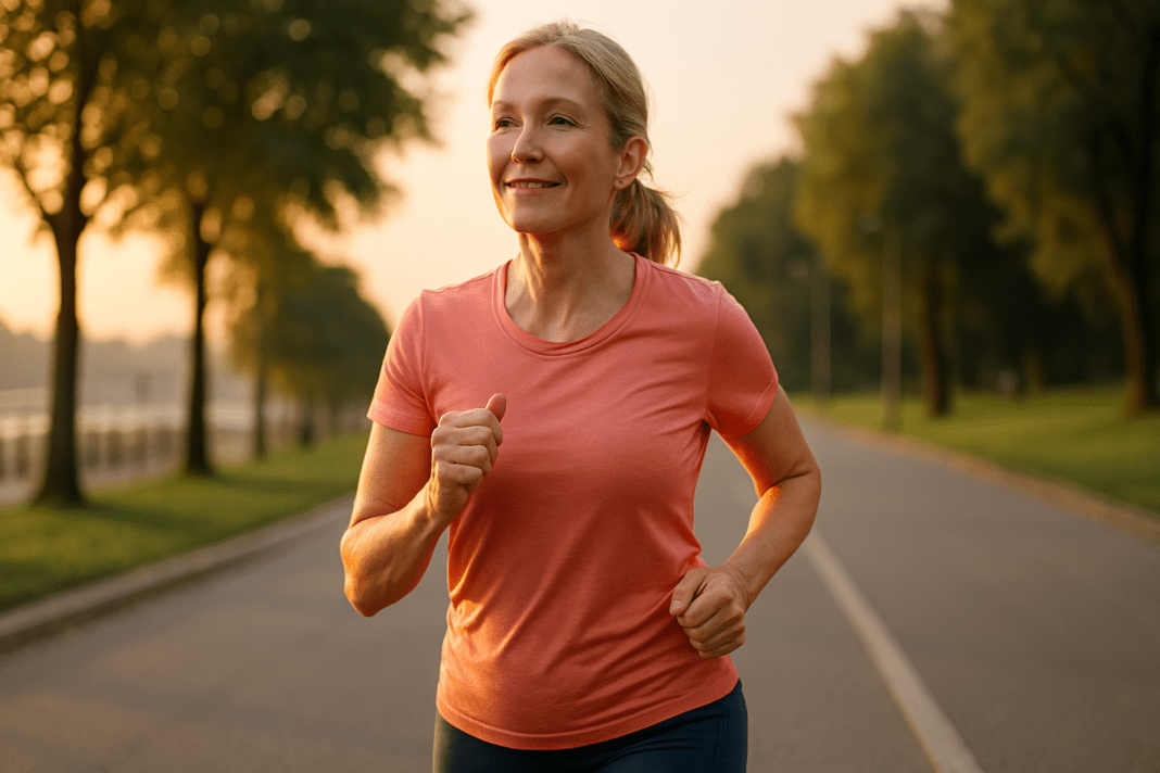 A fit, middle-aged woman jogs along a tree-lined path in soft natural morning light, wearing athletic gear as the sunrise casts a golden glow. This heart-healthy exercise scene emphasizes cardiovascular fitness with a serene outdoor setting perfect for walking or running.