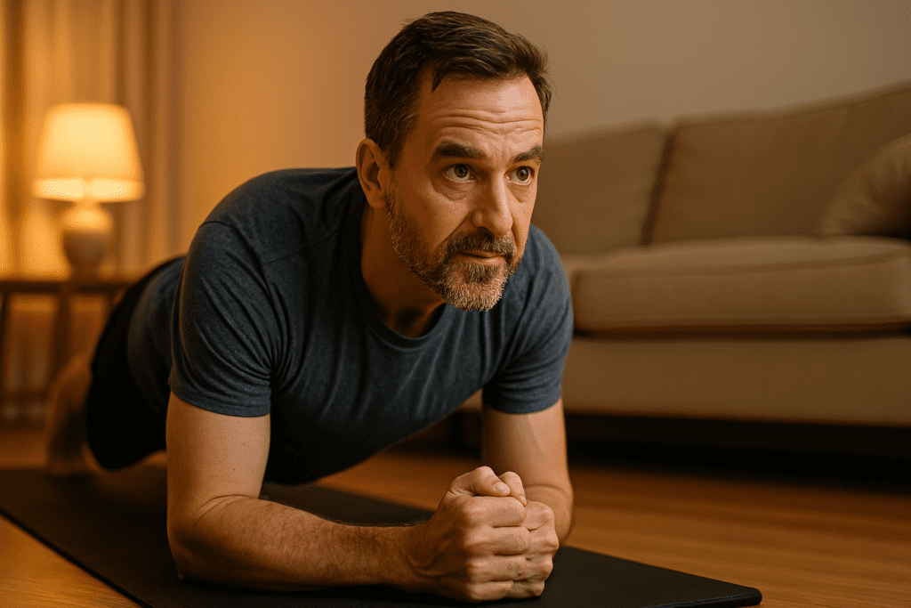 A middle-aged man performs a plank on a black yoga mat in a softly lit living room, with warm ambient lighting highlighting his focused expression and toned physique. This image reflects a doctor-approved strength training exercise that supports cardiovascular health safely at home.