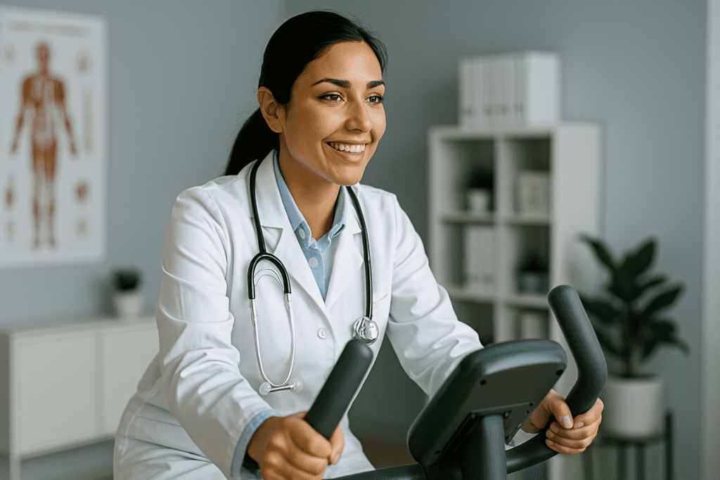 A South Asian female doctor rides a stationary bike in a brightly lit clinical office, smiling confidently in her white coat and stethoscope. This doctor-approved cardiovascular exercise setting showcases how biking can promote heart health in a clean, modern medical environment.