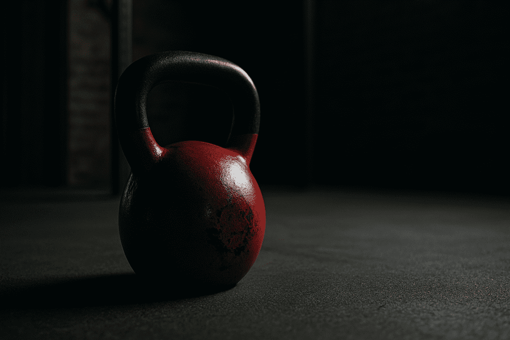 A dramatic close-up of a worn red kettlebell sits on a concrete gym floor, spotlighted by moody lighting that casts shadows over a distant squat rack and brick wall. This symbolic fitness image represents strength-based cardiovascular exercises that support heart health through resistance training.