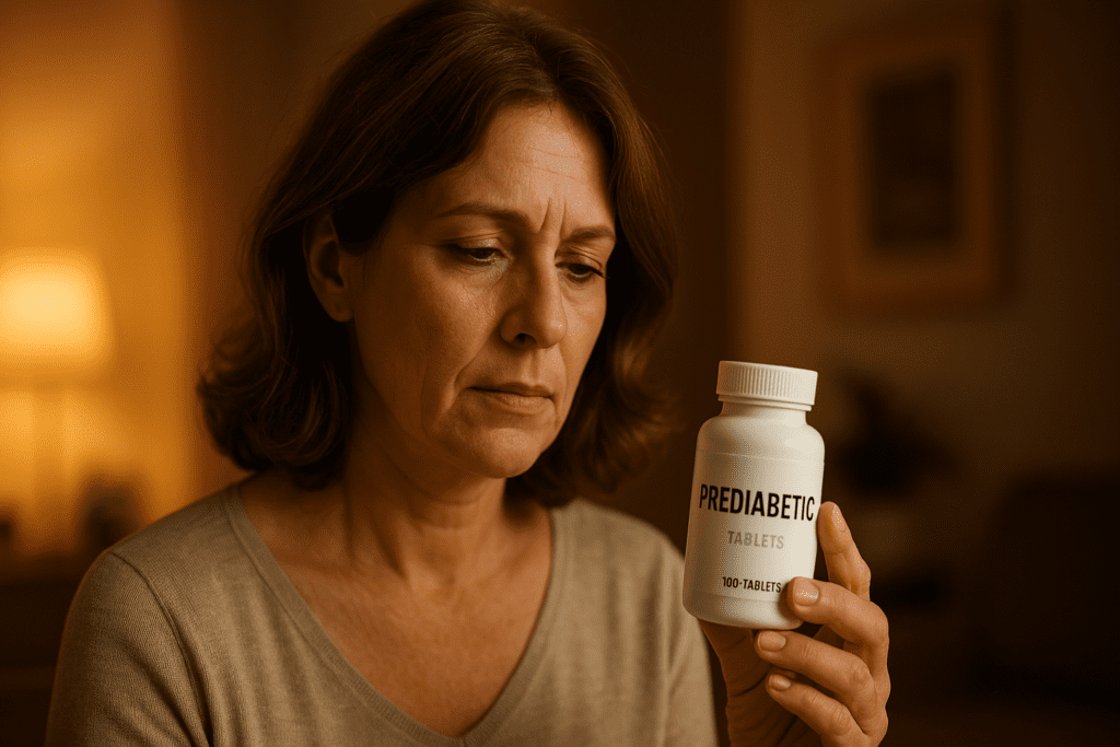 A middle-aged woman examines a bottle of prediabetic pills in a warmly lit indoor setting, her serious expression reflecting a moment of contemplation. The ambient lighting and subdued tones emphasize the personal decision-making involved in early prediabetes treatment.
