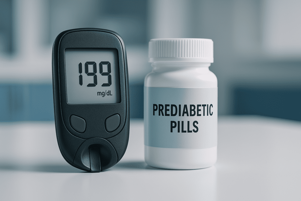 A blood glucose meter showing a reading of 199 mg/dL rests beside a bottle of prediabetic pills on a white medical table. The cool clinical lighting and clean environment reflect a scientific, healthcare-focused approach to evaluating early intervention strategies for high blood sugar.