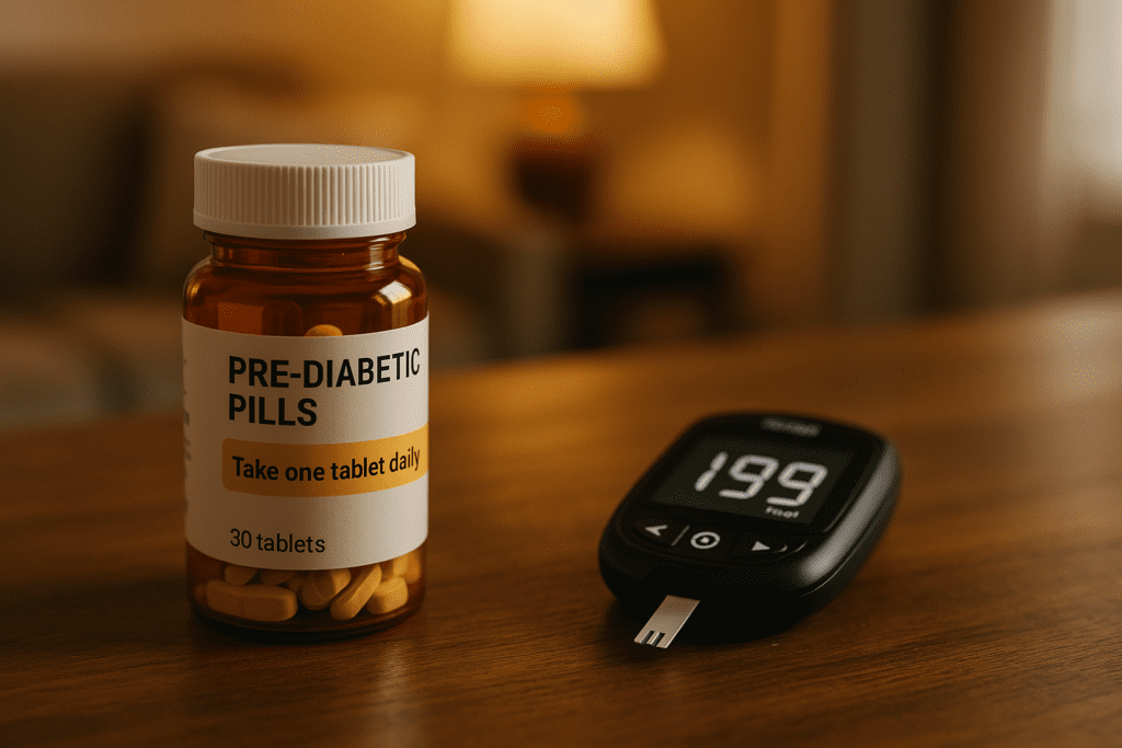 A prescription bottle of pre-diabetic pills sits on a wooden table under warm ambient lighting, with a blurred glucose meter visible in the background. This close-up image highlights the concept of early intervention for high blood sugar, such as a 199 blood sugar level, using oral medication.